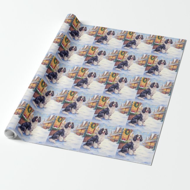 Cocker Spaniel Snöby Köpstad Jul Konst Presentpapper (Utrullad)
