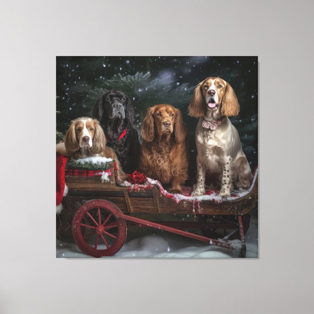 Cocker Spaniel Snöig Släd Jul Dekoration Canvastryck (Framsida)