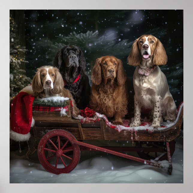 Cocker Spaniel Snöig Släd Jul Dekoration Poster (Framsidan)