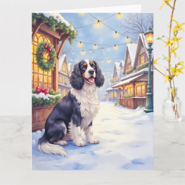Cocker Spaniel Snowy Village Christmas Art Kort (Gul blomma)