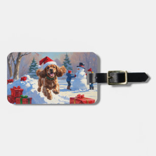 Cocker Spaniel springer i snö med julhatt Bagagebricka