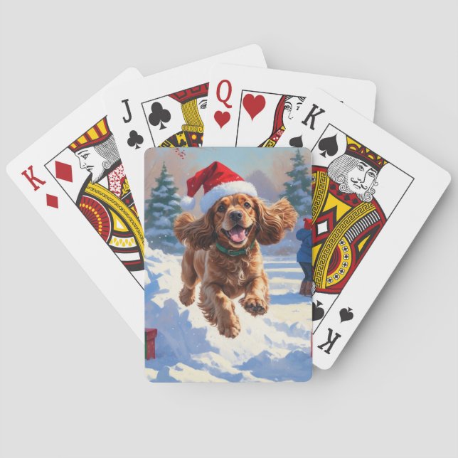 Cocker Spaniel springer i snö med julhatt Casinokort (Baksidan)