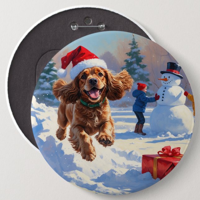 Cocker Spaniel springer i snö med julhatt Knapp (Framsida & baksida)