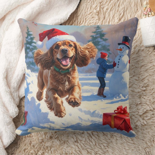 Cocker Spaniel springer i snö med julhatt Kudde (Filt)