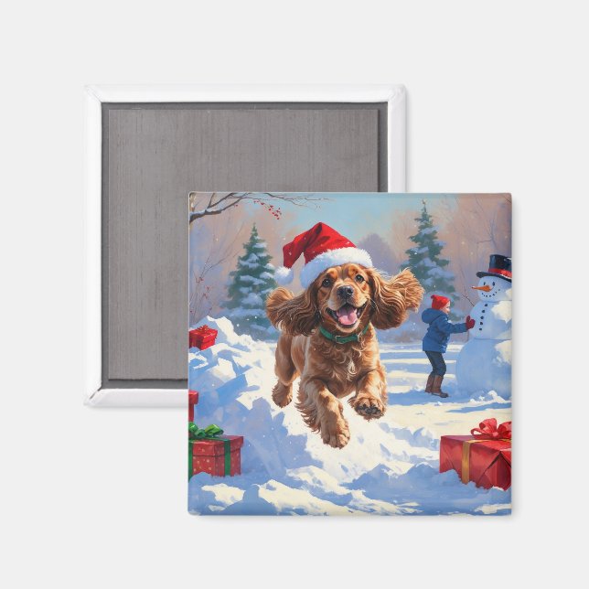Cocker Spaniel springer i snö med julhatt Magnet (Front/Back)