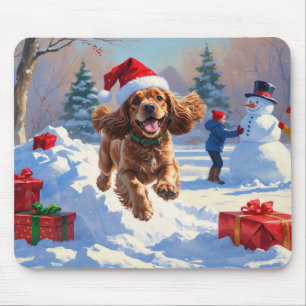 Cocker Spaniel springer i snö med julhatt Musmatta