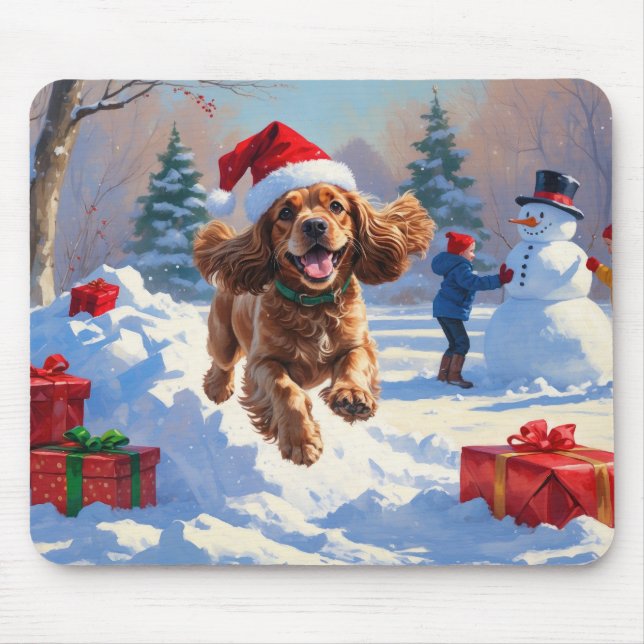Cocker Spaniel springer i snö med julhatt Musmatta (Framsidan)