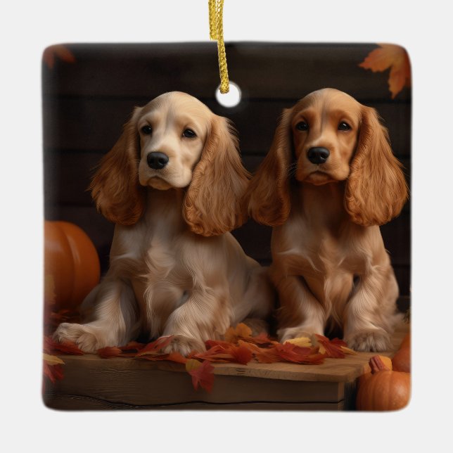 Cocker Spaniel Valp Höstglädje Pumpa  Julgransprydnad Keramik (Framsida)