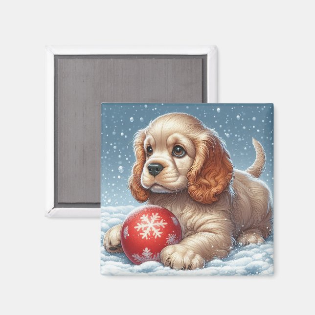 Cocker Spaniel Valp Vilande på Snö Med en Boll Magnet (Front/Back)