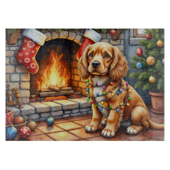 Cocker Spaniel vid öppen spis med julbelysning (Framsidan)