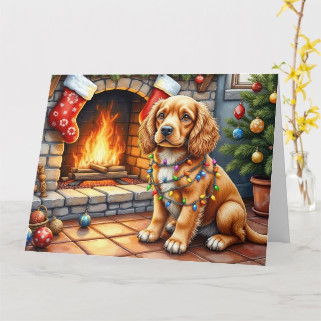 Cocker Spaniel vid öppen spis med julbelysning Kort (Gul blomma)