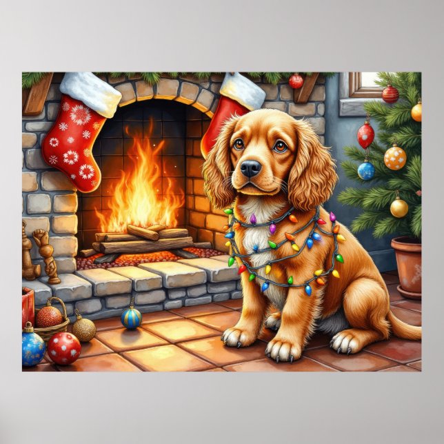 Cocker Spaniel vid öppen spis med julbelysning Poster (Framsidan)