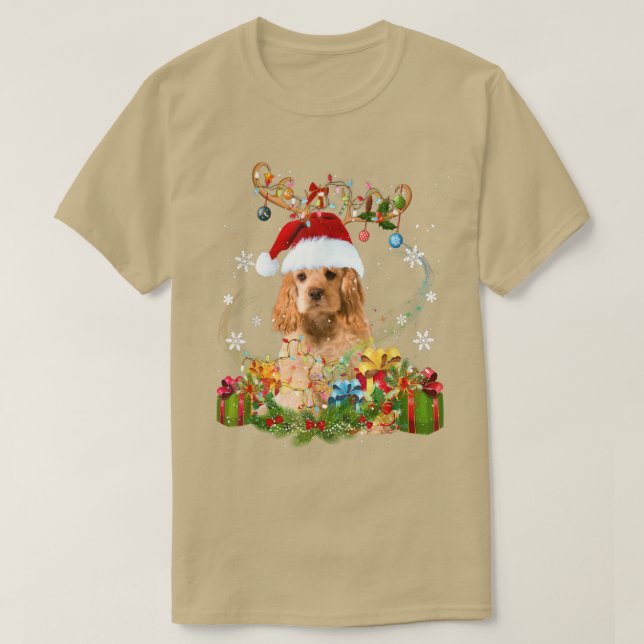 Cocker Spansk Reindeer jul Ljus Rolig hund T Shirt (Design framsida)