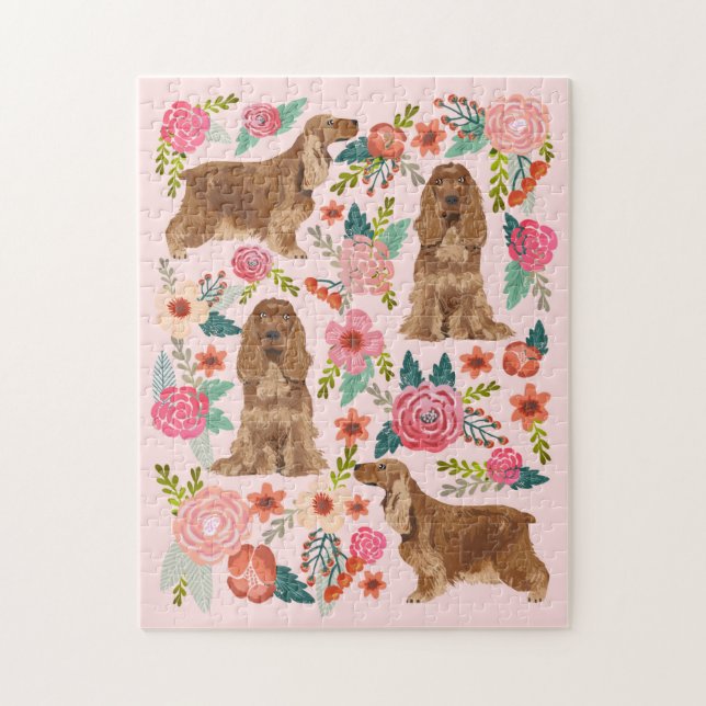 Cocker Spanska Hund Vintage Blommigt rosa Pussel (Vertikal)