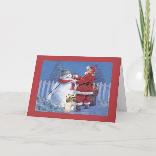 CockerspanielSpanieljulkort Santa Snowman2 Helgkort (Framsida)