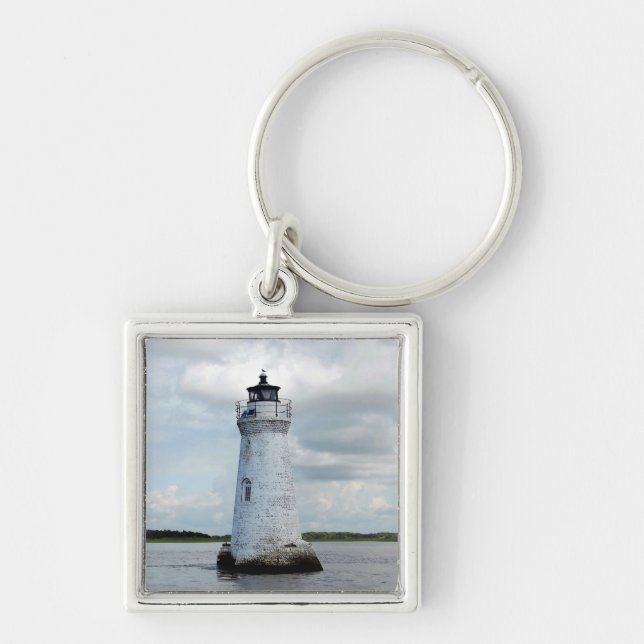 Cockspur Island Lighthouse Keychain Fyrkantig Silverfärgad Nyckelring (Framsidan)