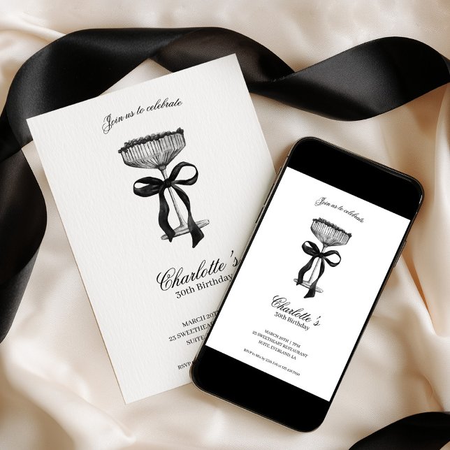 Cocktail & Bow 30-års födelsedagsinbjudan Inbjudningar (Skapare uppladdad)