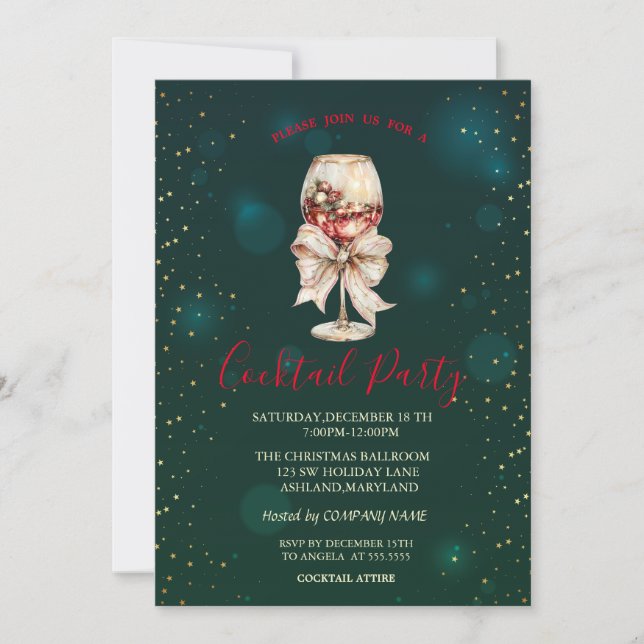  Cocktail Bow Stars Green Christmas Party  Inbjudningar (Framsida)