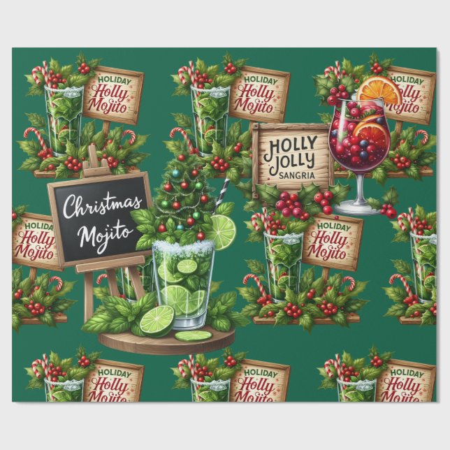Cocktail Christmas Party with Drinks on Green Presentpapper (Platt)