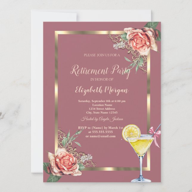 Cocktail Citron Blommig Ram Rosor Pensionering Inbjudningar (Framsida)