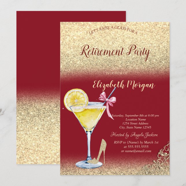 Cocktail Citron Guld Glitter Röd Pension Inbjudningar (Fram/baksida)