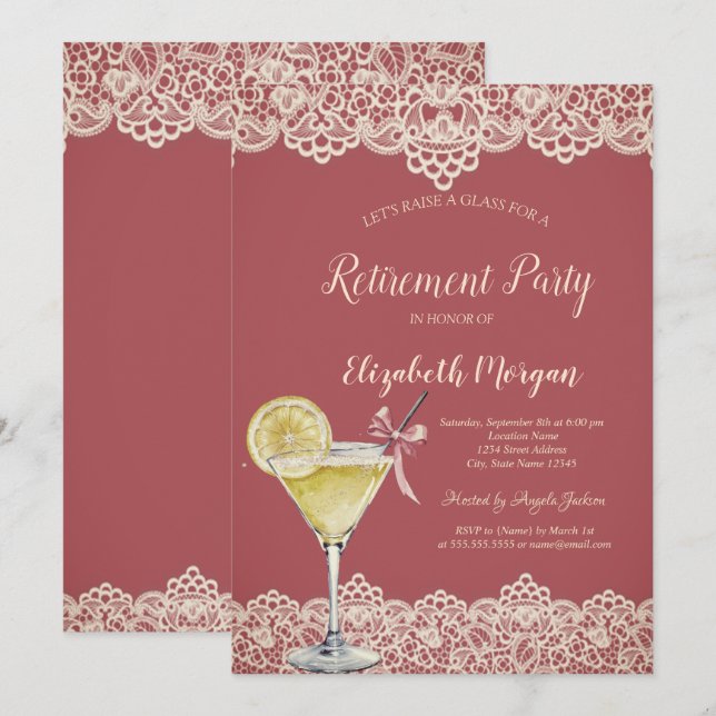 Cocktail Citron Spets Röd Pensionering Inbjudningar (Fram/baksida)