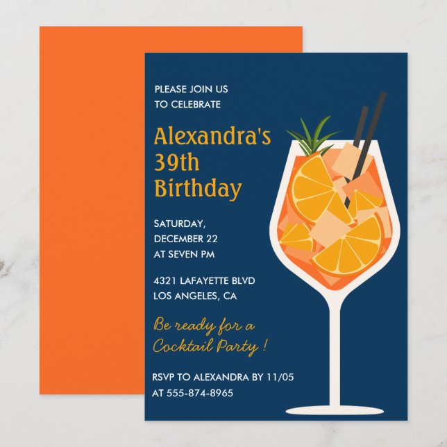 Cocktail Elegant Navy Blue 39-årsdagen Inbjudningar (Fram/baksida)