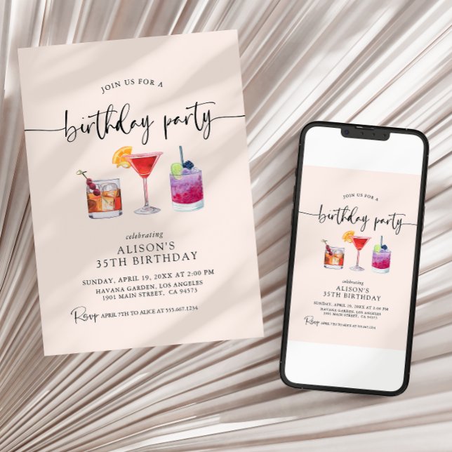 Cocktail Födelsedagsfest Kalligrafi Inbjudan (Skapare uppladdad)