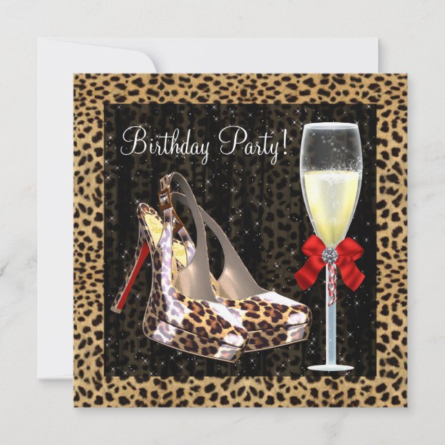 Cocktail Klackskor Röd Leopard Födelsedag Inbjudningar (Framsida)
