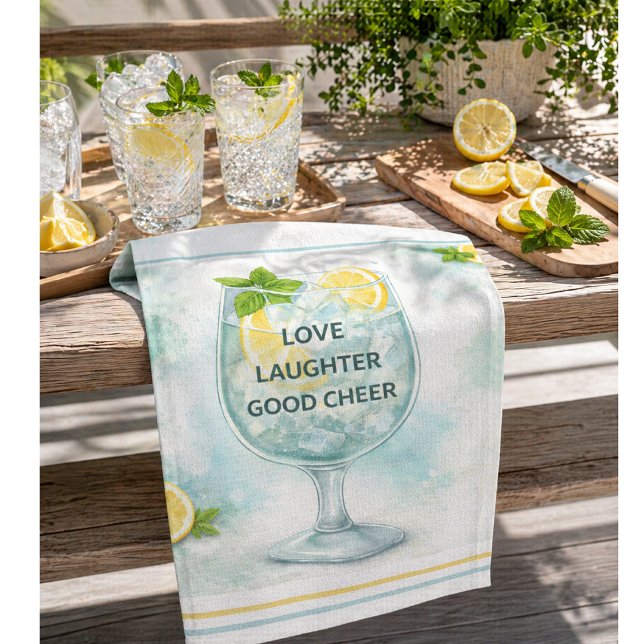 Cocktail Kök Dekor Gin & Tonic Älskare Kökshandduk (Fresh lemon & gin tea towel for summer entertaining, bar carts and relaxed coastal kitchens)