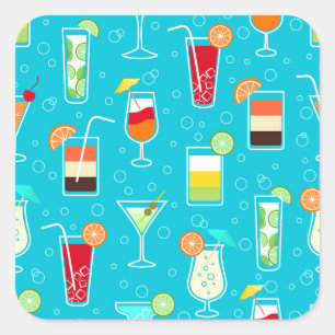 Cocktail Mönster på Teal Background Fyrkantigt Klistermärke