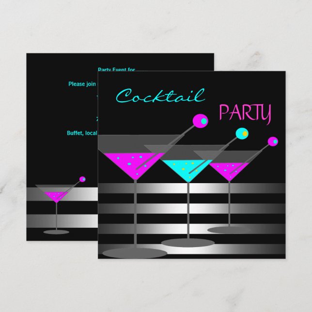 Cocktail Party Cocktails Drinks Martini Teal Rosa Inbjudningar (Fram/baksida)