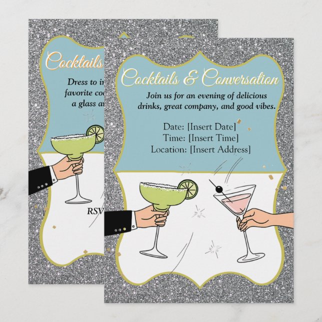 Cocktail party, sofistikerade konversationer, dryc inbjudningar (Fram/baksida)