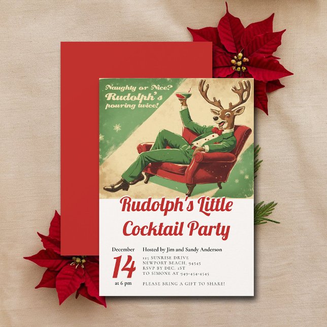 Cocktail Party Vintage Funny Retro jul Party Inbjudningar (vintage christmas party cocktails invitation retro funny watercolor rudolph reindeer brunch)