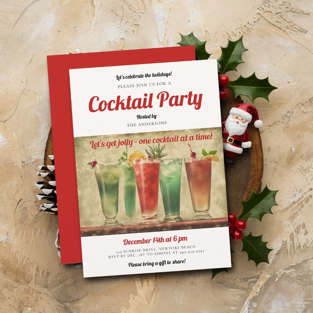 Cocktail Party Vintage Red Grönt jul Party Inbjudningar (vintage christmas party cocktails invitation retro fun watercolor brunch family office)