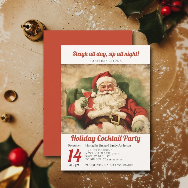 Cocktail Party Vintage Santa Retro jul Party Inbjudningar (vintage christmas party cocktails invitation retro fun funny watercolor santa brunch family office)