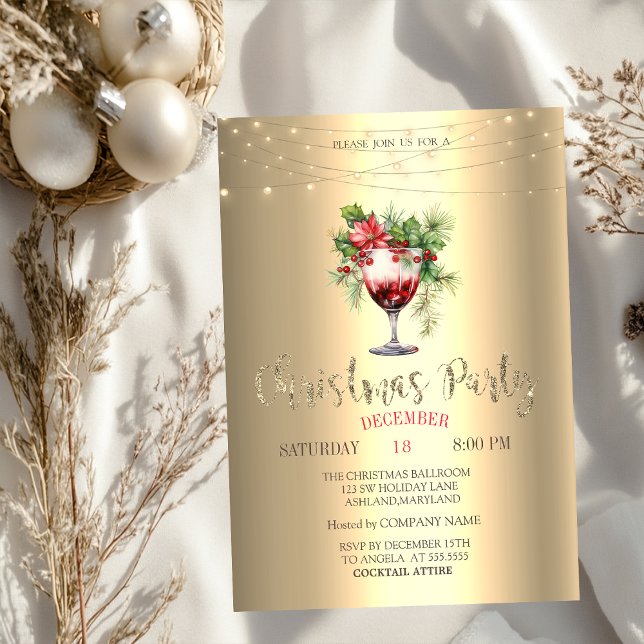  Cocktail Poinsettia String Lights Gold Christmas  Inbjudningar (Skapare uppladdad)