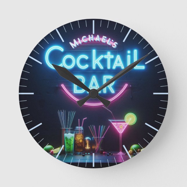 Cocktail Pub Clock Neon Personlig Mancave Den Rund Klocka (Framsida)