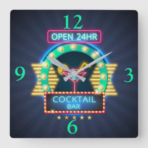 Cocktail Pub Neon Sign Square Wall Clock Fyrkantig Klocka