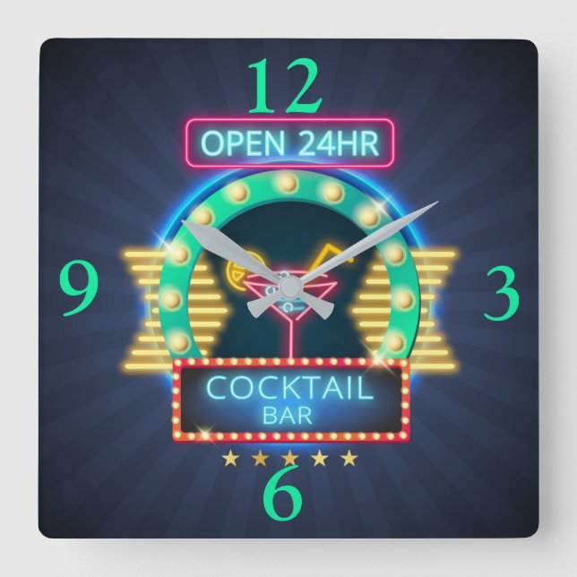 Cocktail Pub Neon Sign Square Wall Clock Fyrkantig Klocka (Framsida)