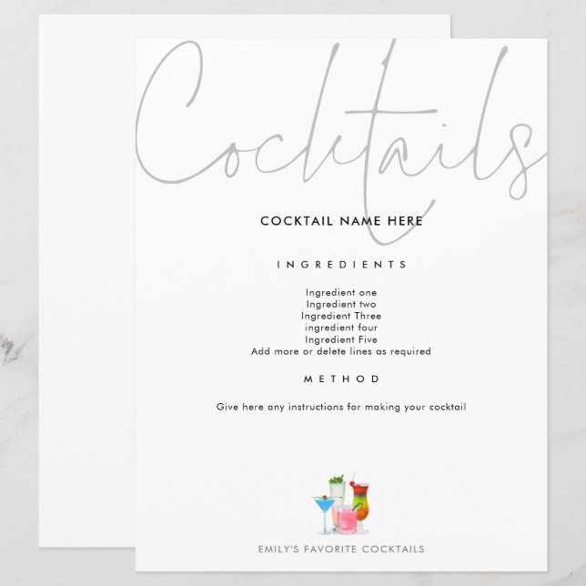 Cocktail Recipe for Binder Page Future Mrs. (Fram/baksida)