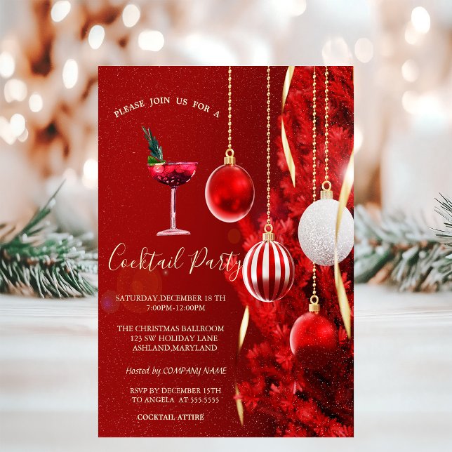 Cocktail Röda Bollar Träd Julfest  Inbjudningar (Skapare uppladdad)