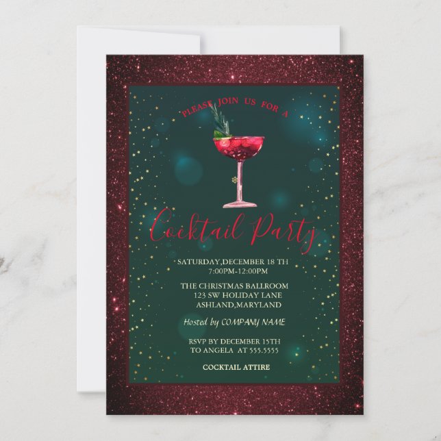 Cocktail, röda glitterstjärnor  inbjudningar (Framsida)