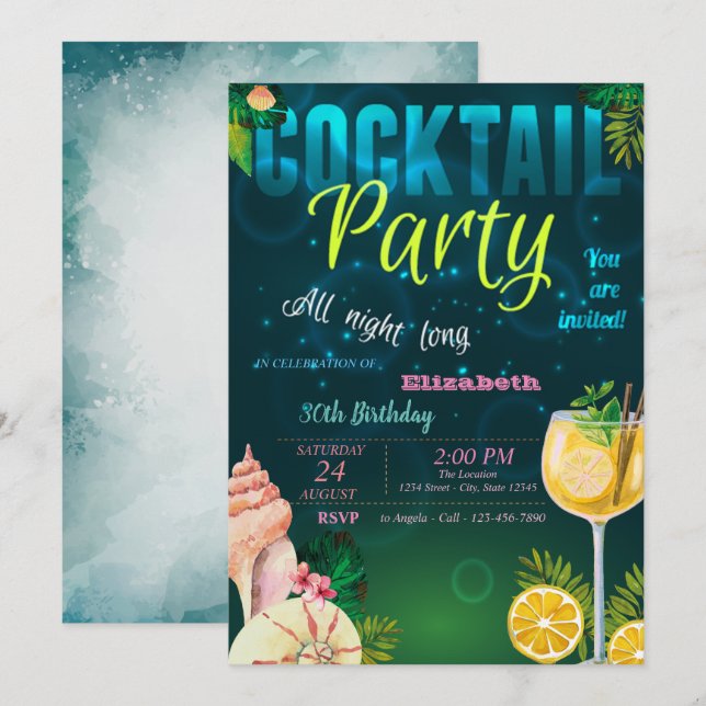 Cocktail,Seashell-Födelsedagsfest Inbjudningar (Fram/baksida)