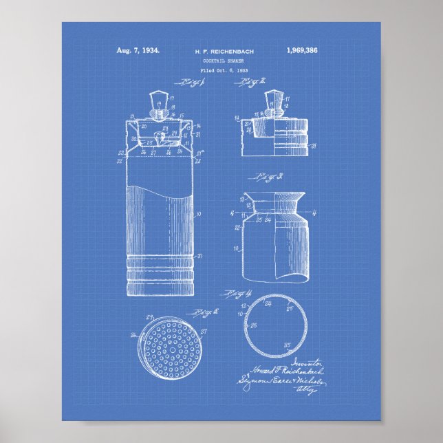 Cocktail Shaker 1934 Patent Art Blueprint Poster (Framsidan)