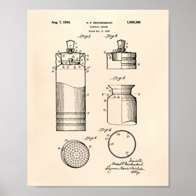 Cocktail Shaker 1934 Patent Art Old Peper Poster (Framsidan)