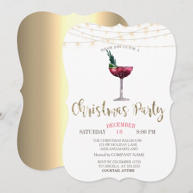 Cocktail, Strängljus Guld Jul Firma Inbjudningar (Fram/baksida)