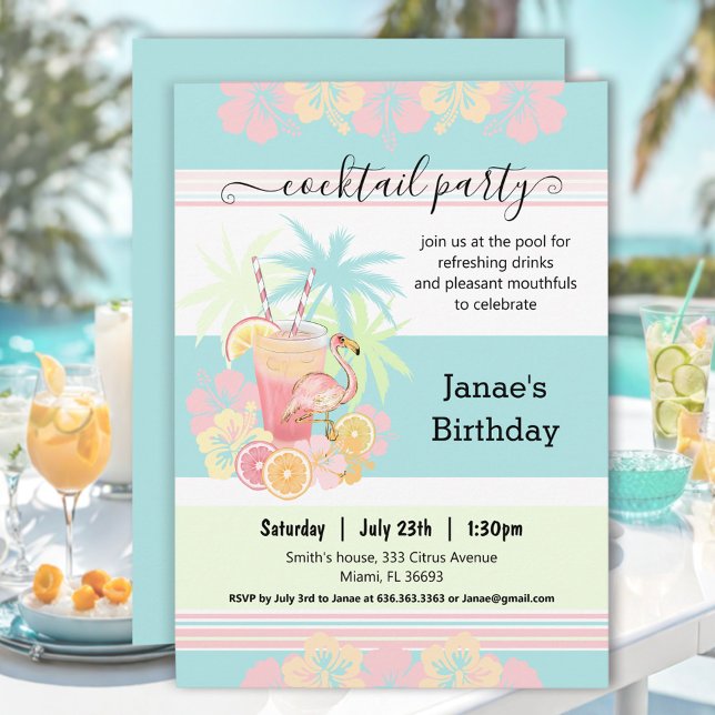 Cocktail Summer Bassäng Party Blue Rosa Tropical Inbjudningar (Cocktail Summer Pool Party Blue Pink Tropical Invitation)