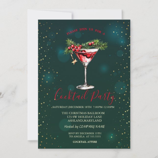 Cocktail Tallgran Grenar Stjärnor Grön Jul  Inbjudningar (Framsida)