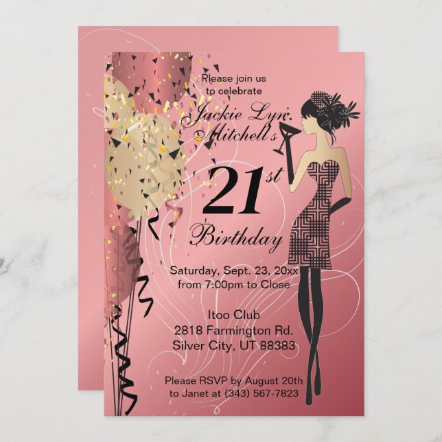 Cocktailflicka Födelsedagsfest - Roséguld Inbjudningar (Fram/baksida)